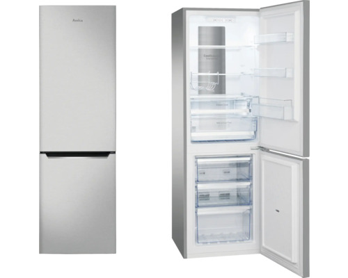 Amica koel-vriescombinatie met open deur, interieur met vakken en laden zichtbaar