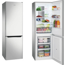 Amica koel-vriescombinatie met geopende deuren, gevuld met levensmiddelen