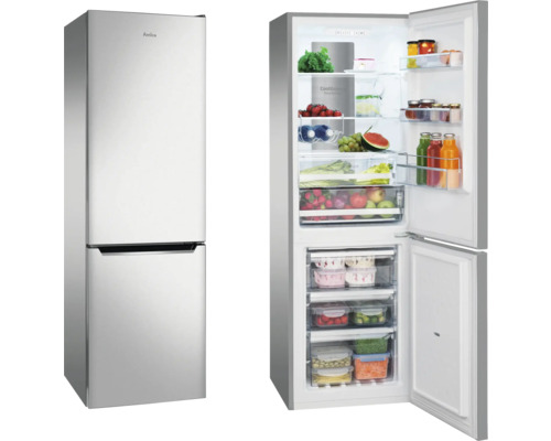 Amica koel-vriescombinatie met geopende deuren, gevuld met levensmiddelen