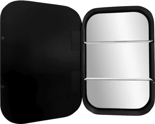 Geopende zwarte spiegelkast met twee planken