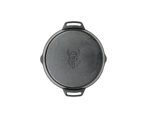 Gietijzeren grillplaat met handgrepen en logo