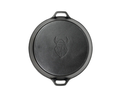 Gietijzeren koekenpan met handgrepen en Vikinghoofdopdruk