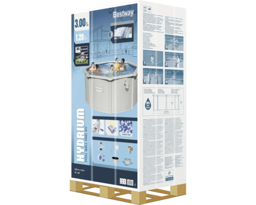 Verpakking van een Bestway Hydrium stalen wand zwembad set met afmetingen 3,00 m x 1,20 m