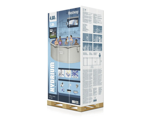 Verpakking van een Bestway Hydrium stalen wand zwembadset, afmeting 4,60 m x 1,20 m