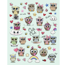 Illustratie met verschillende schattige uilen en decoratieve elementen