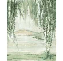 Schilderij van een wilg boven een merenlandschap