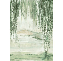 Aquarelschilderij van een landschap met een wilgenboom op de voorgrond