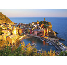 Luchtfoto van Vernazza, Cinque Terre, Italië met huizen, zee en haven
