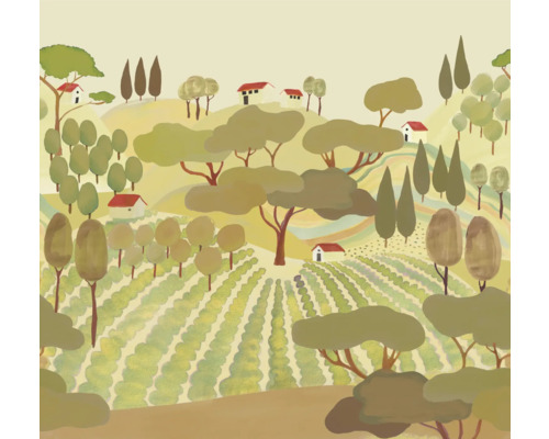 RASCH Fotobehang vlies 557992 Magic Walls kunst landschap 300x280 cm Illustratie van een landschap met huizen, bomen en een veld