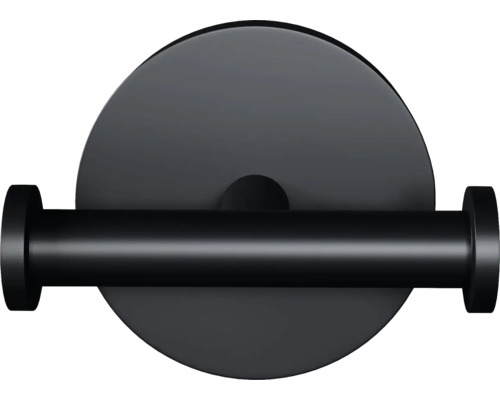 Zwarte toiletpapierhouder met ronde wandmontage.