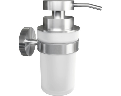 Wandzeepdispenser van metaal en glas