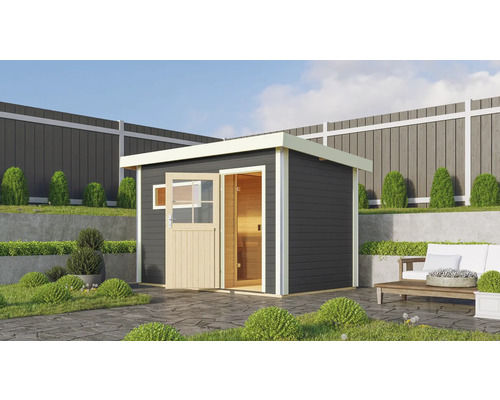 Modern tuinhuis met open deur en omliggende tuininrichting.