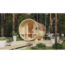 Vatvormige sauna op houten terras met zitje in de tuin