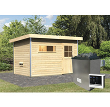 Houten sauna met saunakachel en externe bediening in de tuin
