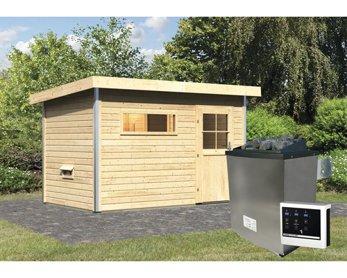 Houten sauna met saunakachel en externe bediening in de tuin