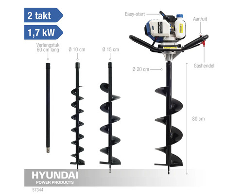 Grondboor met verlengstuk en boren in verschillende maten