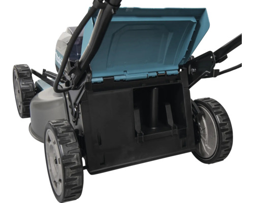 Grasmaaier met geopende opvangbak