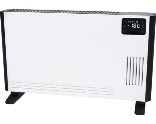 Elektrische radiator met digitale bediening en voetstukken.