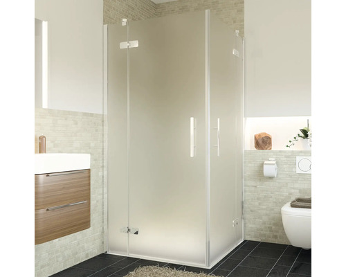 Hoekdouche met matglas in een badkamer met wastafel en toilet