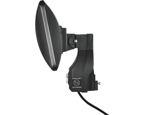 Zwarte LED-schijnwerper voor buiten met waarschuwingssymbool: Niet afdekken.