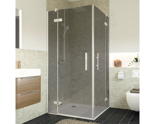 Hoekdouche met glazen wanden, douche, wastafel en toilet in een badkamer