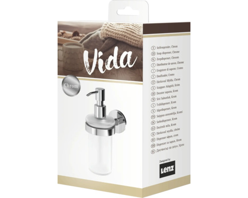Verpakking van een Lenz Vida zeepdispenser van chroom