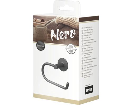 Verpakking van een zwarte toiletpapierhouder met anti-vingerafdrukcoating