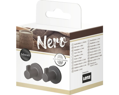 Nero handdoekhaken, twee stuks, zwart, voor wandmontage