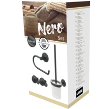 Nero badaccessoires set in zwart, bestaande uit toiletborstelgarnituur, toiletpapierhouder, handdoekhaak
