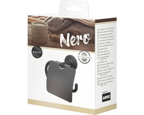 Verpakking van een zwarte toiletpapierhouder met deksel