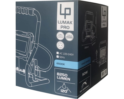 Verpakking van een Lumak Pro bouwlamp met technische details