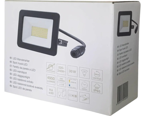 Verpakking van een LED-wandspot met technische details zoals lumen, wattage en beschermingsgraad