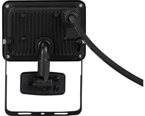 Achterkant van een LED-spot met kabel en montagebeugel