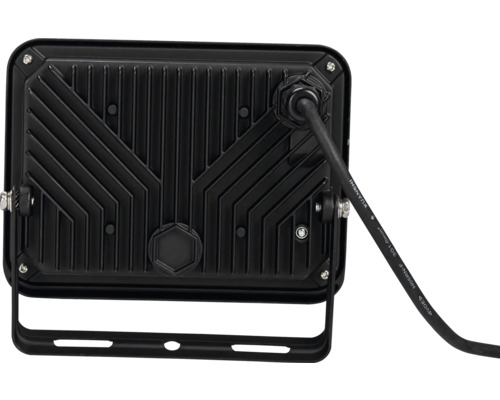 Achterkant van een ledstraler met koelribben en kabelaansluiting