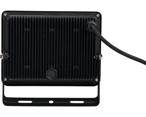 LED-schijnwerper met koelribben en kabelaansluiting.