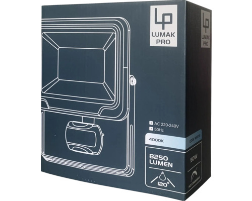 Verpakking van een Lumak Pro schijnwerper met technische details