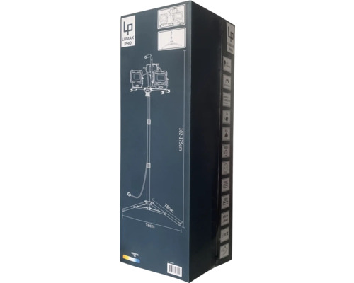 Verpakking voor Lumak Pro fotolamp met statief en afmetingen