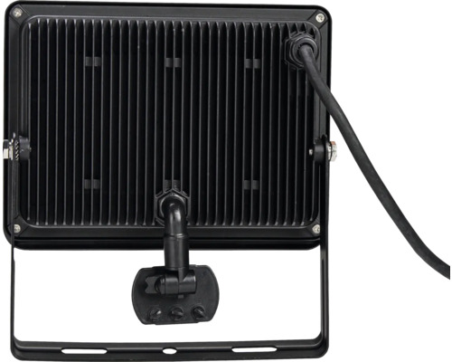 Achterkant van een zwarte ledstraler met koelribben, kabel en montagebeugel