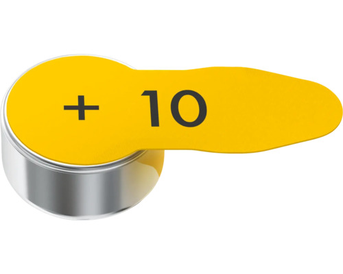 Knoopcelbatterij met gele sticker en plusteken en het nummer 10