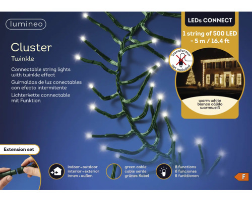 Lichtsnoer met 500 warm witte LEDs, kabellengte 5 meter, met twinkeleffect voor binnen- en buitengebruik, uitbreidbaar