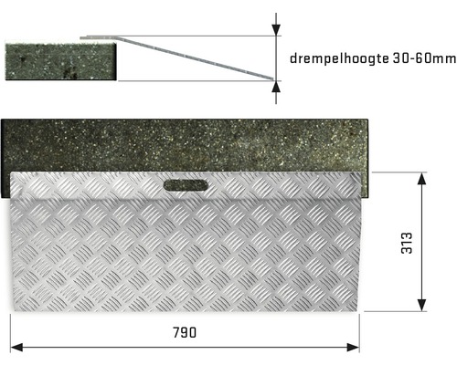 Afbeelding van een aluminium stoeprandoprit met maatvoering