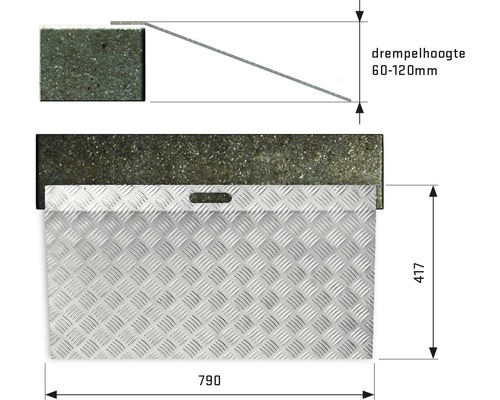Afbeelding van een aluminium stoeprandoprit met afmetingen van 790 bij 417 millimeter