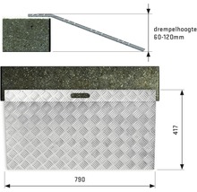 Illustratie van een aluminium rolstoelhelling met maatvoering