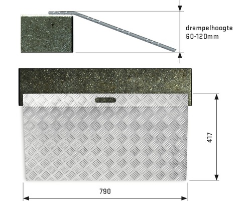 Illustratie van een aluminium rolstoelhelling met maatvoering