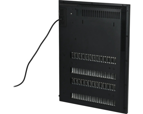 Achterkant van een elektrisch verwarmingspaneel met ventilatieopeningen en stroomkabel.