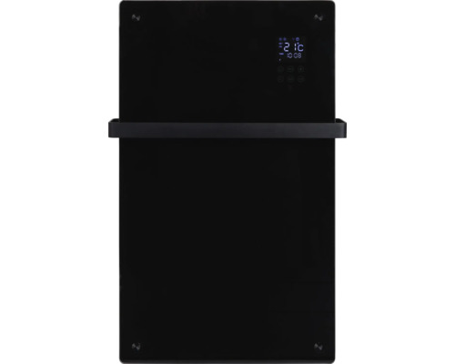 Zwarte handdoekradiator met temperatuurweergave en handdoekhouder