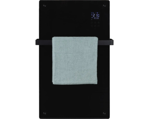 Zwarte glazen radiator met handdoek en handdoekhouder