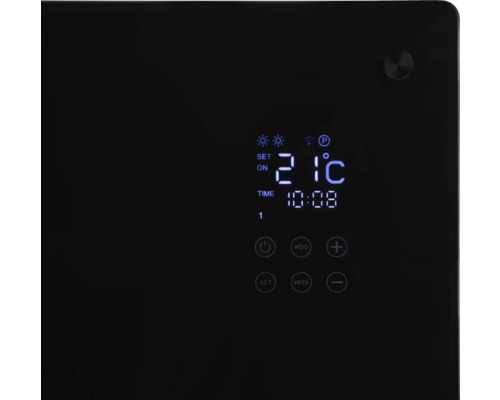 Close-up van een digitaal display van een verwarmingseenheid met temperatuur en tijd