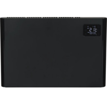 Zwarte radiator met digitale display voor temperatuur en tijd