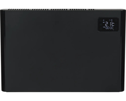 Zwarte radiator met digitale display voor temperatuur en tijd